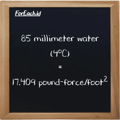 85 millimeter water (4<sup>o</sup>C) is equivalent to 17.409 pound-force/foot<sup>2</sup> (85 mmH2O is equivalent to 17.409 lbf/ft<sup>2</sup>)